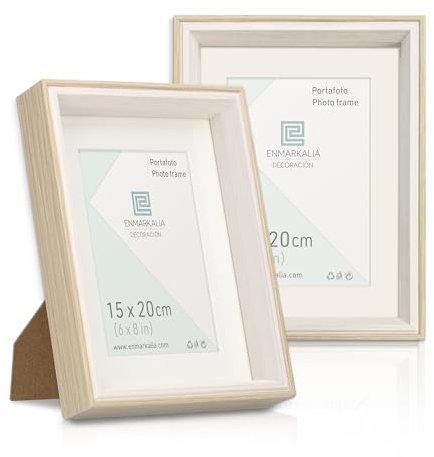 Marco de foto 15x20 cm SIN paspartu y 10x15 cm CON paspartu, color Madera - Blanco, Pack x2 unidades, con paspartu, soporte de pie y para colgar (Madera Blanco X2 Uds., 15 x 20 cm) set portafotos