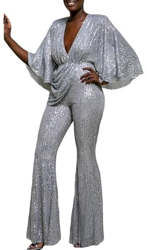 YIzdegg Jumpsuit paljetter dam festliga byxor stora storlekar affärsoverall, elegant glitterbyxdräkt, lång romper, utsvängd onepiece, ärmlös sparkdräkt, jumpsuits lekdräkter