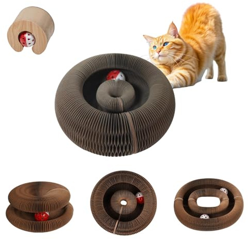 Magic Organ Cat Scratching Board with Bell-Ball, Durable Foldable & Reversible Infinity Style Interactive Kitty Kurlz Cat Scratcher for Indoor Cats Toy, Furniture Protector, Kitten Cats Accordion Toy