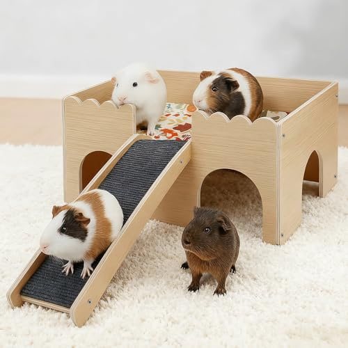 Jellybibo Wooden Guinea Pig House 38x24x18cm, 4 Entrances Small Pet Hideout with Ramp, Small Animal Bed Hut Habitats with Stairs, Detachable Castle for Hamster, Hedgehog, Rat Hiding and Playing