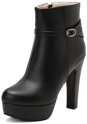 Stivaletti Con Tacco Alto Da Donna, Eleganti Stivaletti Corti Con Plateau E Tacco A Blocco Cinturino Fibbia E Cerniera Laterale Comodi Stivaletti Invernali Corti Con Punta Tonda,Nero,35 EU