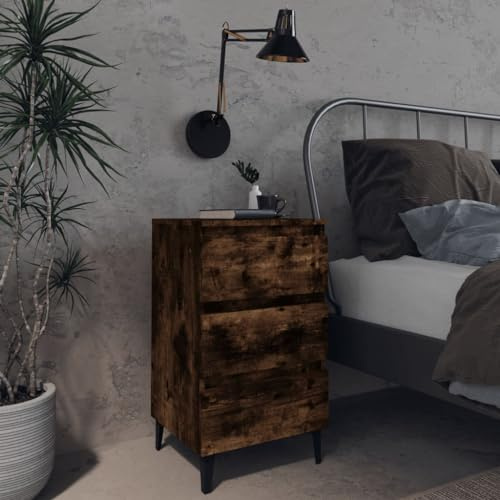 LoogCape Mesita de noche de roble ahumado, 40 x 35 x 69 cm, estilo industrial, patas de metal, 3 cajones, mesa auxiliar, estable y robusta