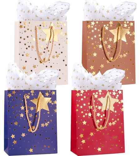 4pcs Gift Bags (9x7x4 inch) With Tissue Paper and Gift Tags for Women,Men's Birthday,Valentine's Day,Christmas,Small Business,All Occation (Multi)