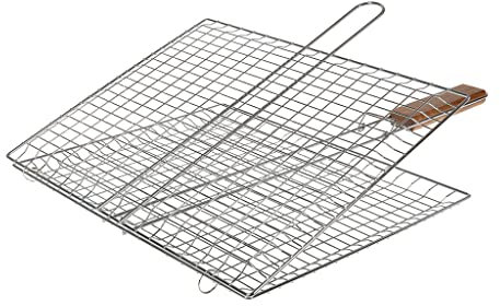 RUECAB 1091 Grille de Barbecue Double Quadrillé Inox Poignée Bois Argent 2 x 34 x 43 cm, Nc