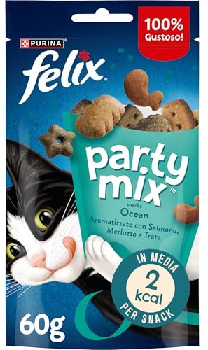 FELIX Party Mix Snack per Gatti Adulti - Croccantini per Gatti con Salmone, Merluzzo e Trota, 8 Confezioni da 60 g