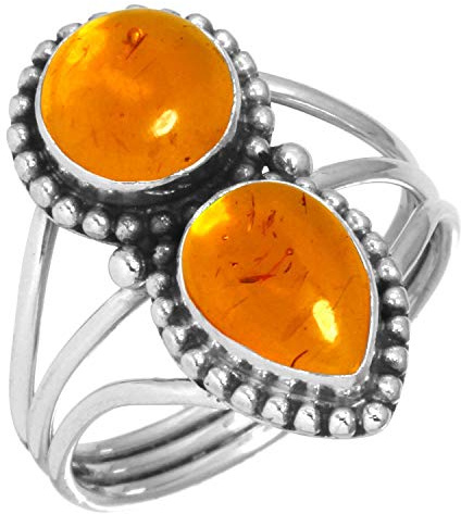 Jeweloporium Bague en argent sterling 925 avec ambre orange, taille 59, bijou fait main en forme de poire