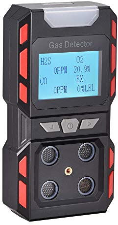 Scondaor Tragbarer 4-in-1-Gasmelder, tragbarer Gaslecksuchgerät mit digitaler LCD-Anzeige, 4-Gas Messgerät mit Ton-Licht-Vibrationsalarm mit Sprachansagen, wiederaufladbare Batterie (schwarz)