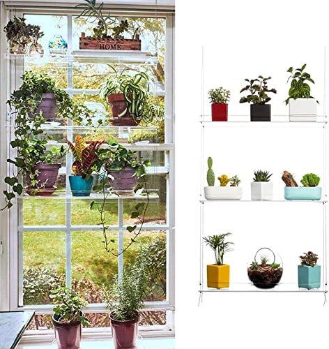 GOODSH Chiaro Mensola per Piante Sospese per Finestra Mensola da Parete Appendere Acrilica Supporto per Fiori Trasparente Regolabile in Altezza per Bagno Salotto Balcone Decorazioni All'aperto,3 Tier