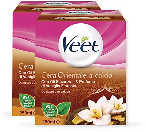 Veet Cera Depilatoria Orientale a Caldo, 250 ml di Cera con Oli Essenziali e 12 Strisce Riutilizzabili, Maxi formato, 2 confezioni