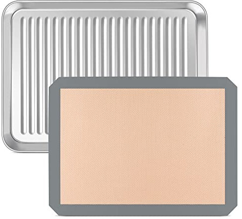Joyfair - Teglia da forno con tappetino da forno, in acciaio inox e set di tappetini in silicone, 23,8 x 17,8 x 2,5 cm, teglia da forno e base da forno, finitura lucida e ondulata