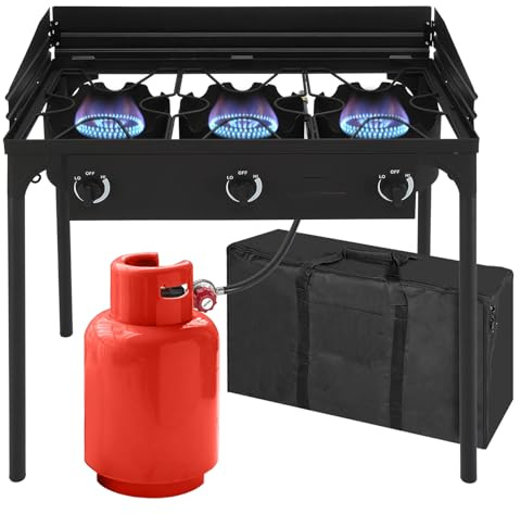 Bonnlo 3-Burner Outdoor Portable Propane Burner Stove 225,000-BTU Gas Cooker with Windscreen & Carrying Bag, Heavy Duty Iron Cast Patio Burner with Detachable Stand Legs for Camp Cooking