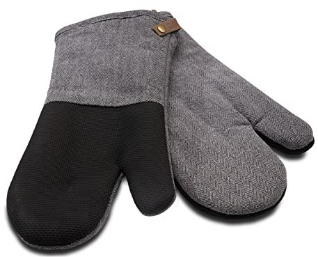 Cuisinart Ofenhandschuhe aus Neopren, Grau, 2er-Set, Ofenhandschuhe mit anthrazitfarbener Fischgrätenmanschette, Kunstleder-Aufhängeschlaufe, Neopren, rutschfest, hitzebeständige Ofenhandschuhe
