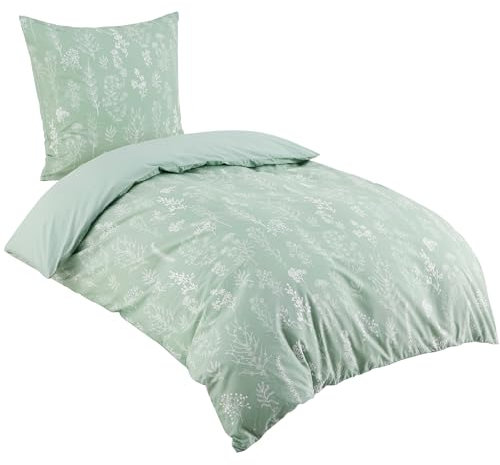 BEDSURE Bettwäsche 135x200 Baumwolle Grün - Bettwäsche-Sets 135 x 200 cm Bettbezug 2teilig mit Kissenbezug 80x80 cm, ÖKO-TEX Wendebettwäsche Bedding Pflanzen Blumen Muster mit Reißverschluss