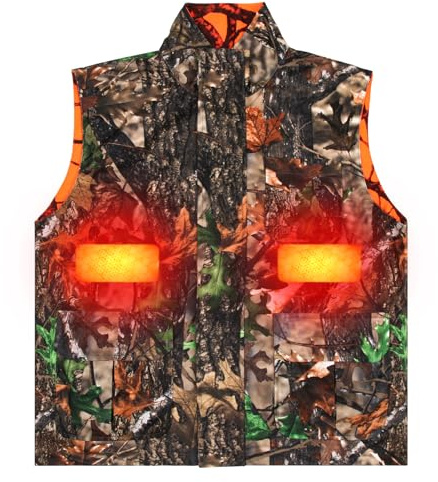 VicBre Gilet da caccia riscaldato da uomo, mimetico e arancione, reversibile, per escursionismo, sci, pesca, campeggio (M-4XL), Camo & Arancione, Medium