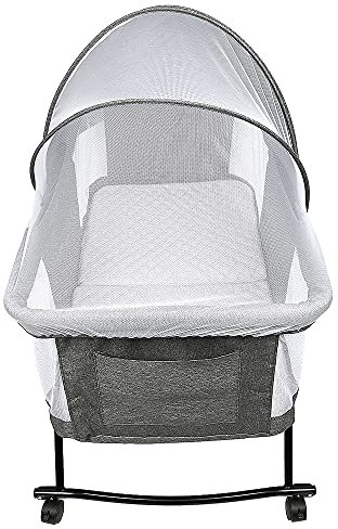 Cododo Babywiege, höhenverstellbar, Babybett mit weicher Matratze und Moskitonetz, 4 Räder, für Babys von 1 bis 36 Monaten (106 x 92 x 55 cm, grau))