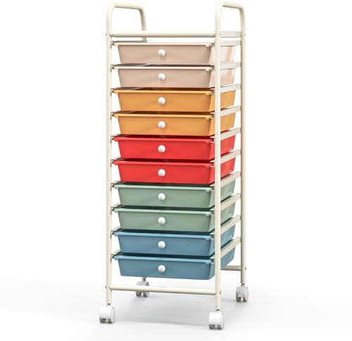 COSTWAY 10 Drawers Storage Trolley, Home Office Stationary Rolling Cart with 4 Wheels, Multipurpose Mobile Organiser Shelving Unit for Makeup Beauty Salon (33 x 38 x 86cm, Colorful)