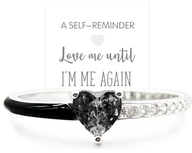 Love Me Until I'M Me Again Black Heart-Cut Half Enamel Ring, Heart Self-Love Ring, Jewelry Birthday Gifts for Women, Daughter, Wife, Friends (Black, 7)