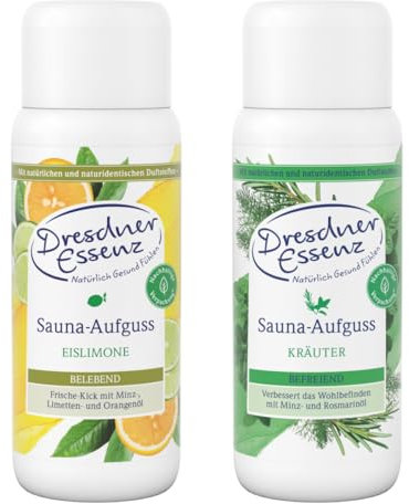 Dresdner Essenz Sauna-Aufguss Eislimone + Kräuter | frisch-zitrische Sauna mit Limettenöl + frisch-aromatische Sauna mit Minze und Rosmarin | Set bestehend aus 2 x 250 ml