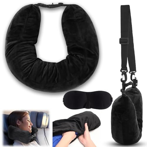 Cuscino per il collo riempibile, da viaggio, imbottito, per viaggi, a forma di U, multifunzionale, con maschera per gli occhi per i viaggi, senza riempitivo (nero)
