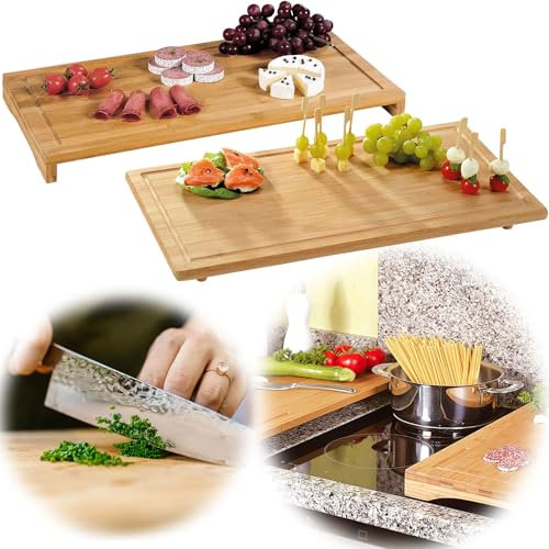 LS-LebenStil Profi XL Holz Schneidebrett Herdabdeckplatte 50x28cm FSC Bambus Tranchierbrett mit Saftrinne Küchenbrett Holzbrett Servierbrett Schneideplatte Kochfeld Ceranfeld Abdeckplatte