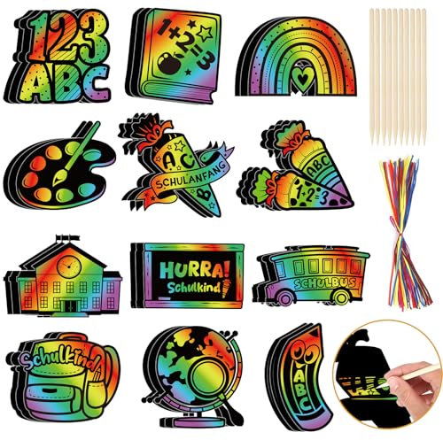 DPKOW 36 STK Einschulung Kratzbilder für Kinder, Regenbogen Tafel ABC123 Schultüte Kratzpapier Schulkind 2025 Deko Einschulung zum Zeichnen und Basteln Schulanfang Geschenke für Mädchen Jungen