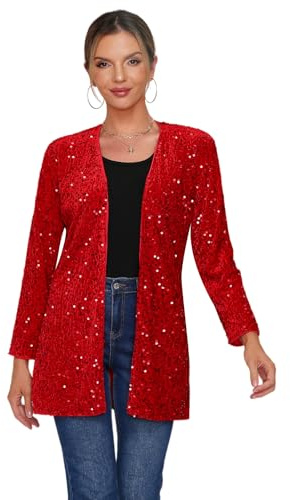 THANKPEARL Women's Sequin Jacket Sparkly Blazer Open Front Glitter Cardigan Long Sleeve Coat for Casual Party Cocktail Red, S