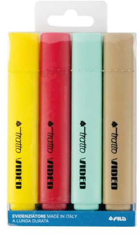 Tratto Video, Evidenziatore, Pastel, Punta scalpello, Busta, Colori assortiti Mediterraneo, 4pz