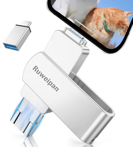 Ruweipan Pendrive para Phone,[Sin App] Memoria Externa 512GB Mini Photo Stick USB 3.0 Transmisión de Alta Velocidad 4 en 1 Pen Drive para Type C-Phone iOS/OTG Smartphone/PC/Laptop,512GB Plata
