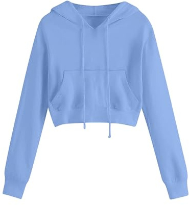 Generisch Cropped - Sudadera con capucha para mujer, de algodón, corta, suelta, informal, de forro polar, color liso, para adolescentes, exteriores, manga larga, azul claro, S