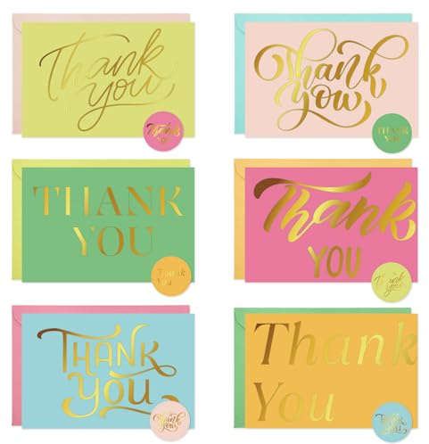 24 Pack Thank You Cards with Envelopes, 4x6 Inch Thank You Cards Multipack | Includes Stickers, Blank Inside, 6 Designs, Greeting Card for Teachers Appreciation, Wedding, Business, Baby Shower,