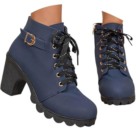Generisch Women's Lace-Up Boots, Round Toe Ankle Boots, Autumn Winter Boots with Lacing, Western Boots, Women's Boots, Half Boots, Traditional Shoes, Riding Boots, navy, 4.5 UK