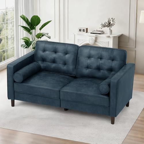Lesofair 67 Suede Leather 2 Seater Sofa with Two Bolster Pillows, Tufted Sofa with Wooden Legs, Mordern Couch for Living Room, Office, Apartment, Blue