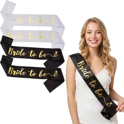 SWYZOR Lot de 4 Écharpes Bride to Be et Team Bride - Accessoire Enterrement de Vie de Jeune Fille en Satin avec Lettrage Or Élégant - Décoration de Fête Future Mariée(Blanc,Noir)