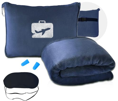 Manta de Viaje 2 en 1 con Almohada, 155 x 130 cm, Suave y Cálida, Ultraligera y Portátil, Incluye Máscara y Tapones para Oídos, Con Clip para Mochila y Funda, Ideal para Camping y Viajes (Azul Marino)