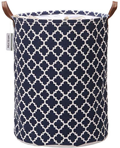 Sea Team Moroccan Lattice Pattern Laundry Hamper Canvas Fabric Laundry Basket Collapsible Storage Bin with PU Leather Handles and Drawstring Closure, 19.7 by 15.7 inches, Waterproof Inner, Dark Blue