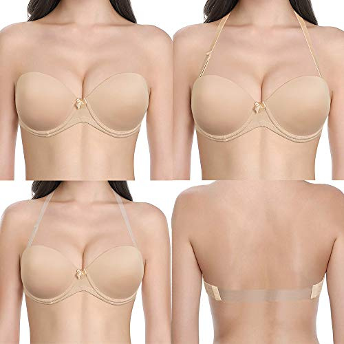 YBCG Women's Strapless Push up Padded Convertible Multiway Underwire Bra with Clear Strap for Dance Wedding Party, Nude, 36A