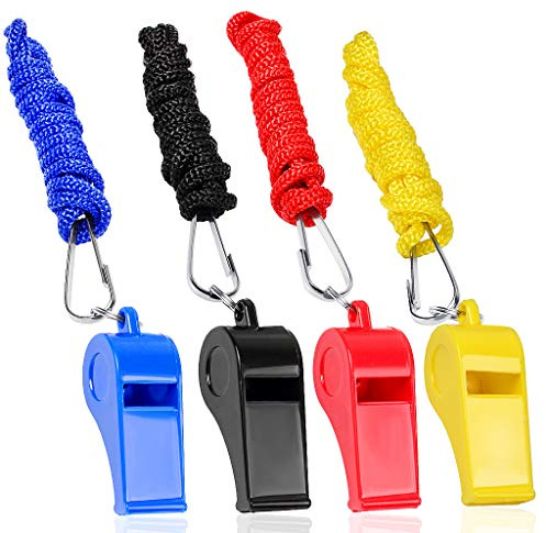4 Packs Plastic Whistles With Lanyard Set For Coach Referee Sports Match Survival Emergency 4 Colors Black Blue Yellow Red