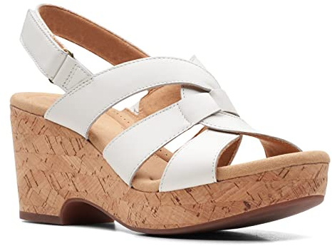 Clarks Giselle Beach Sandales compensées en daim pour femme, cuir blanc, 38.5 EU