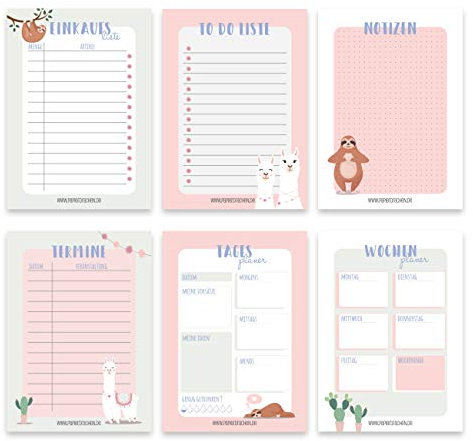 Papierdrachen 6 Notizblöcke für Termine, Wochenplaner, Tagesplaner, to do Liste, Einkaufslisten - Tagesplaner und Wochenplaner Faultier & Lama - Ideal für Uni und Haushalt - Notizblock - DIN A6