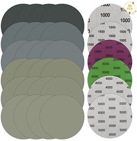 30 Stück Schleifpapier 125mm Klett, Körnung 1000/1500/2000/3000/4000/5000 Schleifpapierscheibe Nass und Trocken Schleifscheiben Rund Exzenterschleifer für Metall Holz Exzenter-Schleifer ohne Loch