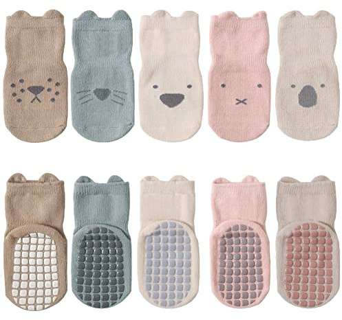 FedMois 5er Pack Baby Kleinkinder ABS rutschfeste Socken Sneaker Socken Tiermotive Baumwolle, Mehrfarbig, 0-1 Jahr