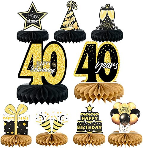 9Pcs 40th Happy Birthday Centerpieces, Black and Gold Happy Birthday Decorations, Happy Birthday Table Toppers for Men and Women, 40 Years Birthday Party Supplies (40 Years)