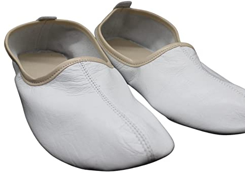 Akdam Pantuflas de piel para mujer, color blanco y beige, zapatos tradicionales de casa de babuche, mocasín, zapatos tawaf, Blanco, beige, 38 EU