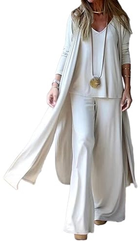 shownicer Pantalone da Donna Completo 3 Pezzi Lunga Cardigan e Casual Vita Alta Gamba Larga Pantaloni e Senza ManicheTop Ampio Outfit B Bianco M