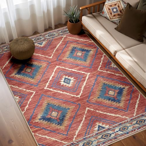 Area Rug 5x7 Rug Machine Washable Non-Slip Low Pile Print Pattern Western Rug for Living Room Bedroom Entryway Tribal Series -Red/Orange