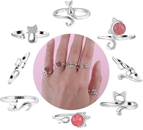 Ouligay 8 Stück Häkelring für Finger, Ring Metall Strickfingerhut, Verstellbare Strickschlaufe Häkelring, Crochet Ring Katzenohren Strickzubehör für Diy Strickhandwerk (Silber)