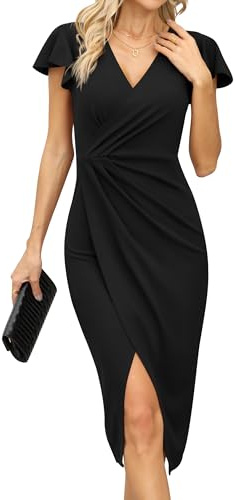 Missufe Vestido de cóctel para mujer, cuello en V, volantes, vestido de fiesta bodycon con hendidura, vestido de noche midi vintage, Negro , XL