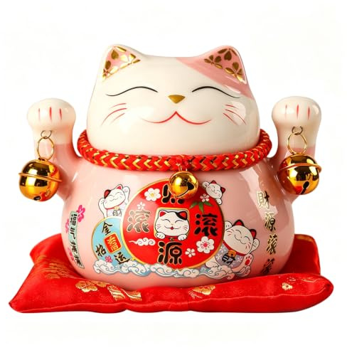 Lucky Cat, Maneki Neko Piggy Bank Beckoning Lucky Cats Fengshui Fortune Cat | Welcoming Cats Japanese Cute Hand Painted Ceramic Money Pot Savings Money Bank for Home Decor 4.5in (Pink)