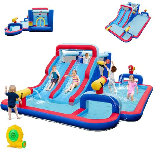 COSTWAY 9 en 1 Château Gonflable avec Souffleur 680W & 2 Toboggans, Aire de Jeux Gonflable avec Zone de Saut & 3 Canons à Eau & Piscine, Charge 135kg pour 3 Enfants de 3-5 Ans
