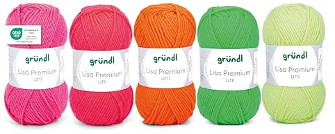 Gründl Lana Lisa Premium Uni - Lana para punto y ganchillo - Suave y delicada con la piel - 100% poliacrílico - 5 ovillos de 50 g / 133 m - Tamaño de agujas: 3,5-4,5 mm - 5 x 50 g Rosa neón-Amarillo